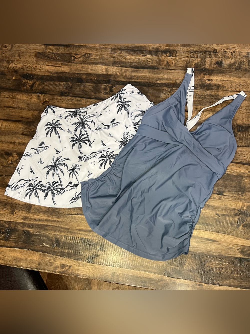 Women’s Blue Tankini Swim Top with White Palm-Print Swim Skirt